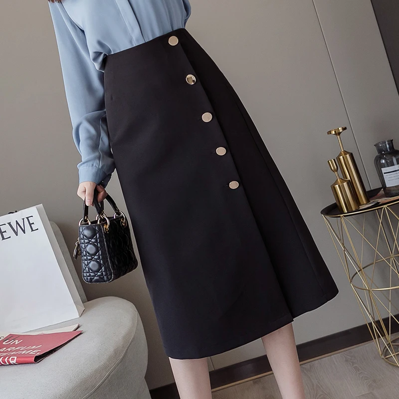 Женская облегающая юбка средней длины однобортная с высокой талией и разрезом по