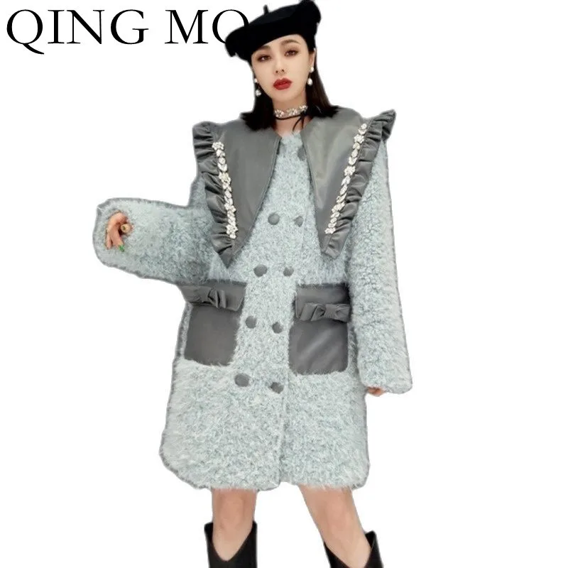

QING MO 2021 Winter New Thick Stitching Fur Coat Women Fashion Double Breasted Mink Wool Warm Fur Coat Gray ZWL1632
