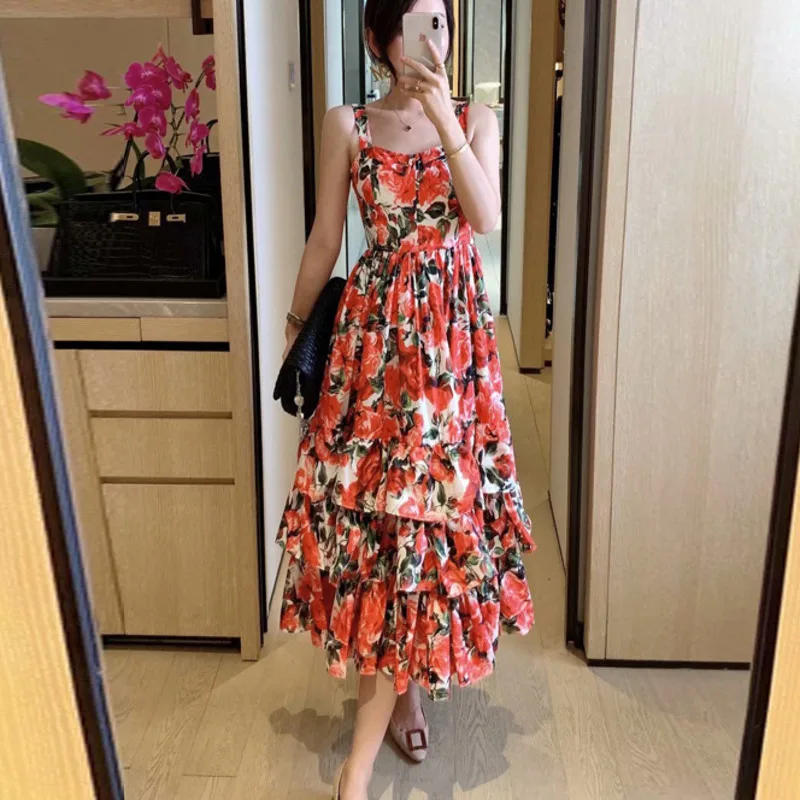 Женское длинное платье на бретельках [EWQ] Элегантное Длинное Платье с принтом