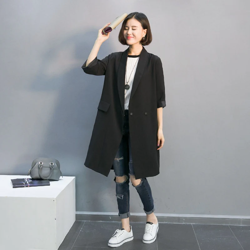 Женский блейзер с отложным воротником черный длинный пиджак свободного покроя