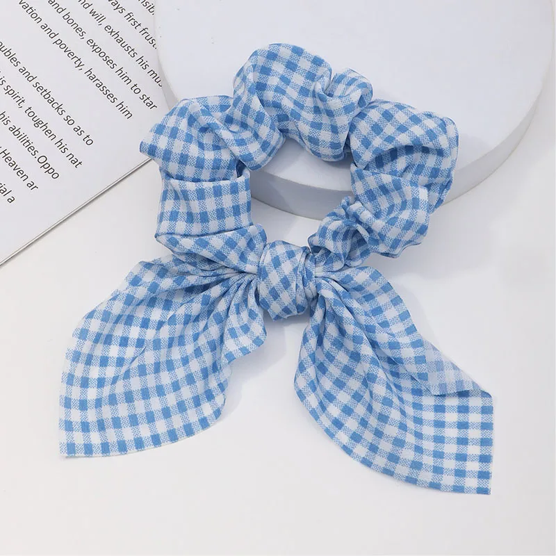 

Korea Blue Rabbit Ear Striped Metal Buckle Hair Scrunchies Elastic Hair Bands Ties Rope Bands Ponytail Bands Hair Accessories