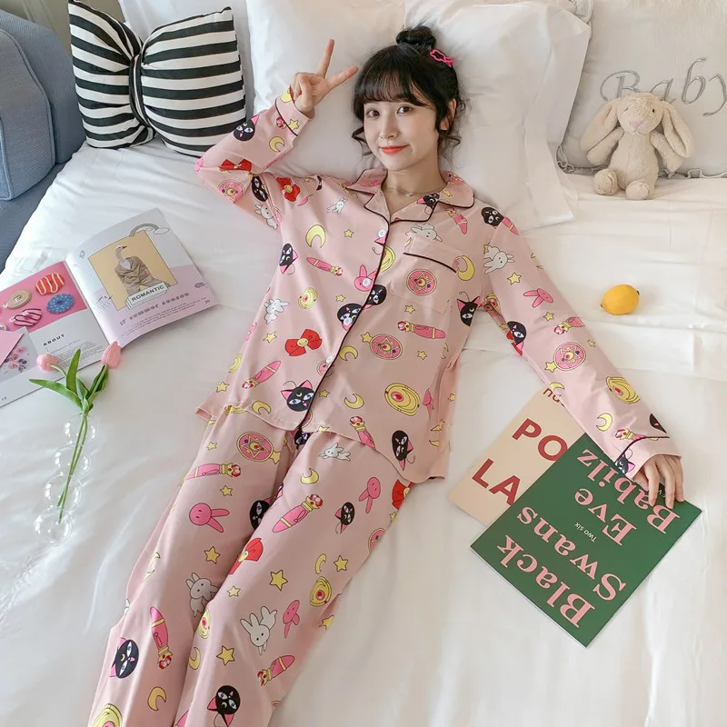 

Cute Sailor Moon Print Women Pajamas Sets Autumn Long Sleeve Cotton Sleepwear Bule Pijama Mujer Female Nightsuit