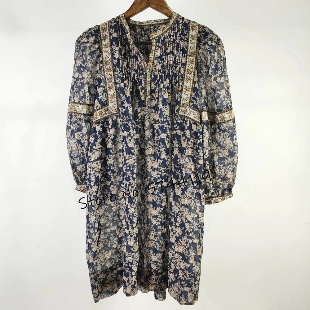 Женское винтажное мини платье с цветочным принтом V образным вырезом и рукавами