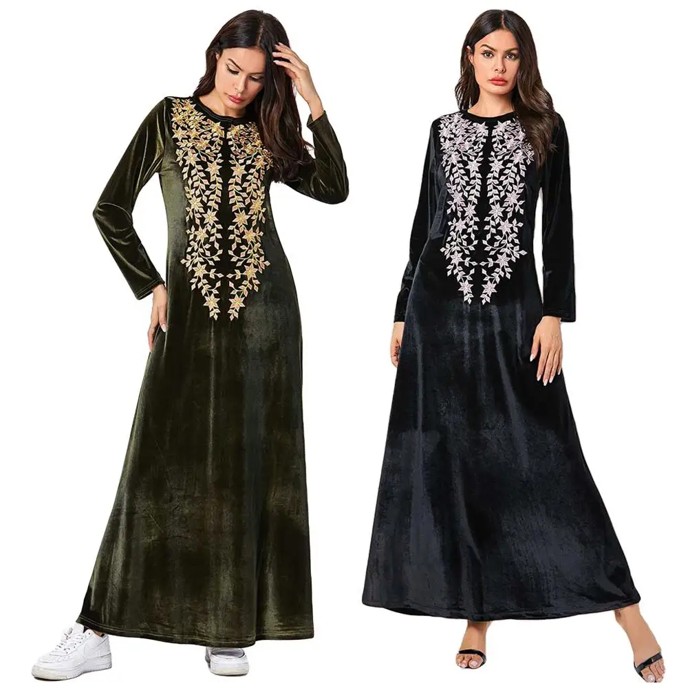Цветочная вышивка длинное платье Абая для мусульман женщин бархат кафтан ислам