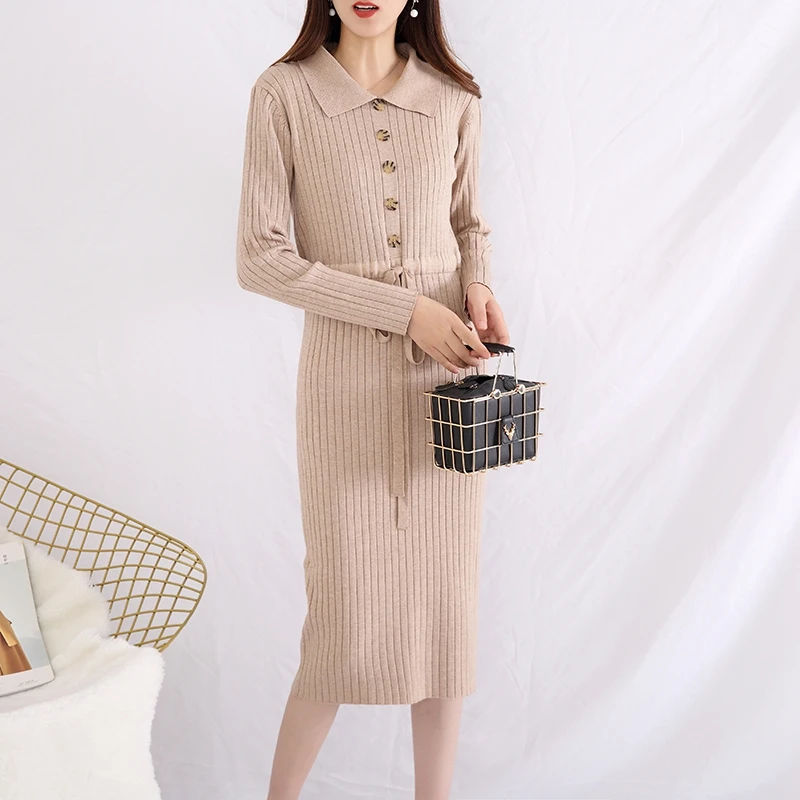 

JECH 2019 Spring and Autumn Cashmere Wool Dress Fit and Flare Mid-Calf Natural Dress Elegant Striped Full Button