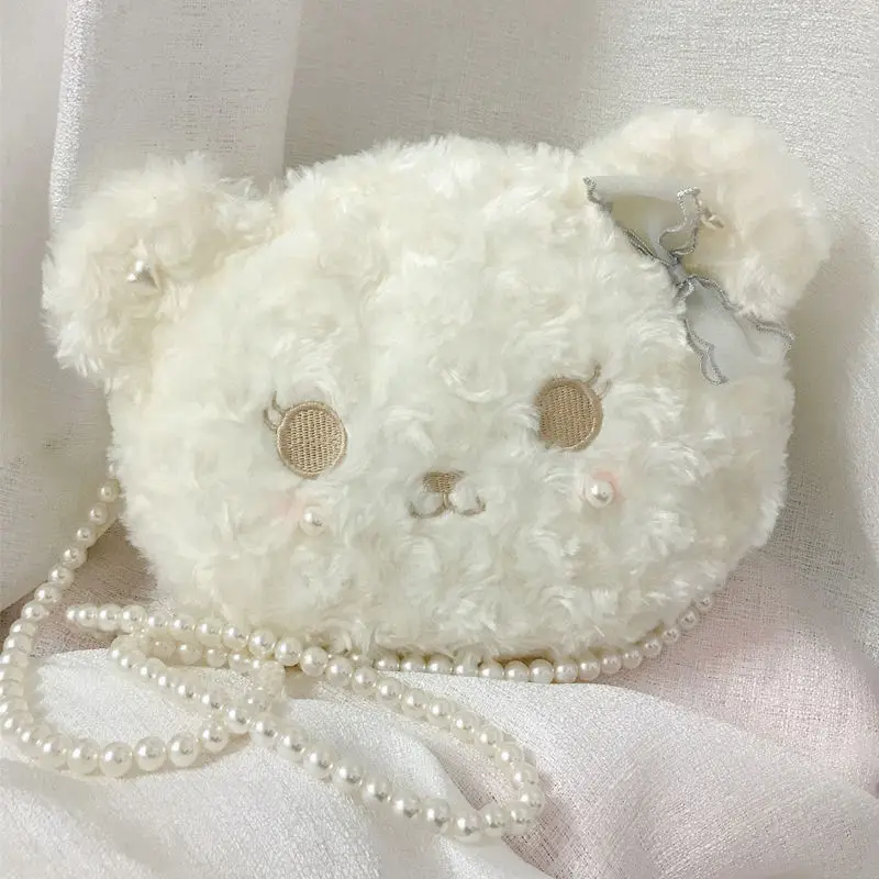

Xiuya Cute Lolita Bag For Women 2021 Japanese Sweet Plush Doll Bear Face Crossbody Bags Satchel Woman Pearl Chain Shoulder Strap