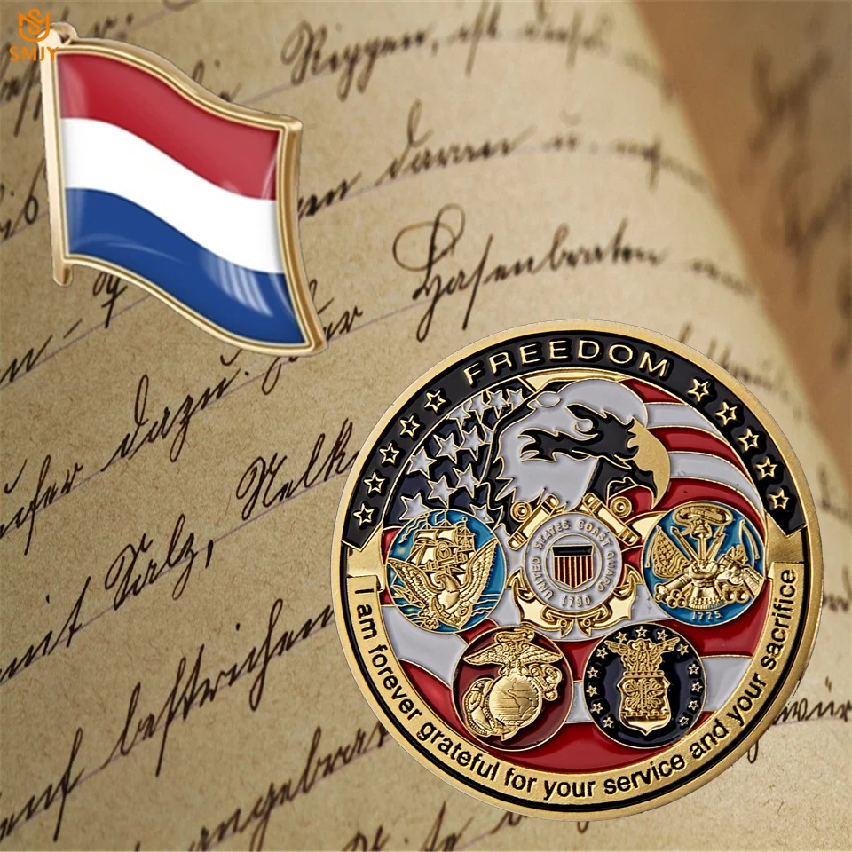 

Netherlands Enamel Flag Brooch Badge USA Sea Land Air USMC Guard Liberty Eagle Gold Plated Military Challenge Commemorative Coin