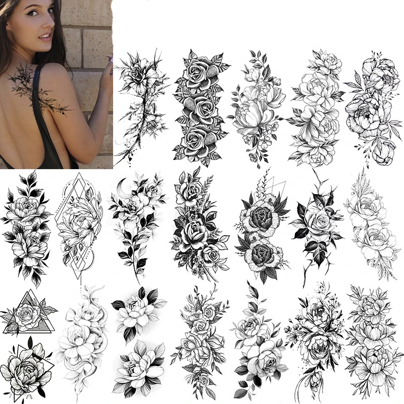 

Temporary Tattoo Women Mehndi Henna Stickers for Hands Mandala Tattoo Black Sketches Tattoo Designs Lotus Peony Flowers Pattern