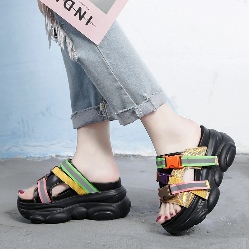 Лидер продаж Летние разноцветные вьетнамки на толстой танкетке Mujer Модные