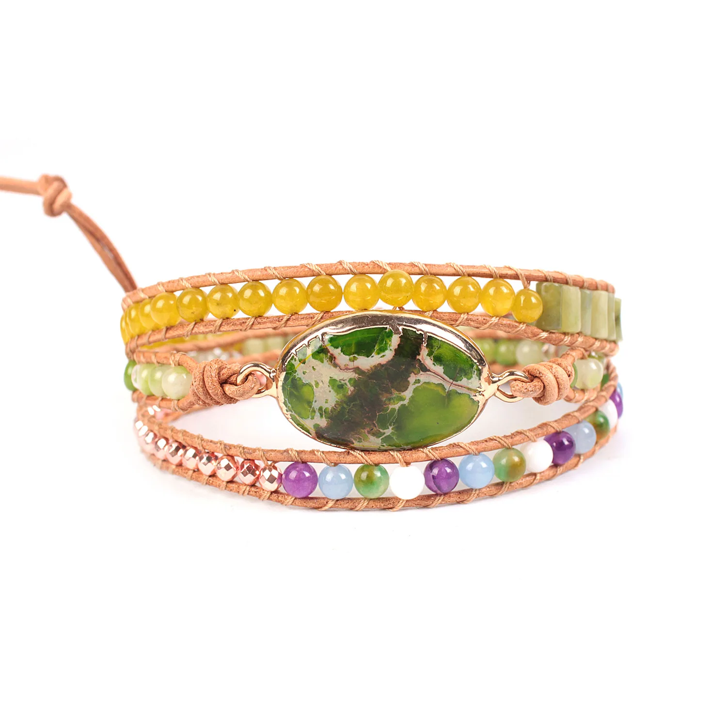 

Leather Wrap Bracelet W/ Stones Multi Color Natural Beads Crystal Weaving Statement Art Bracelet Gifts