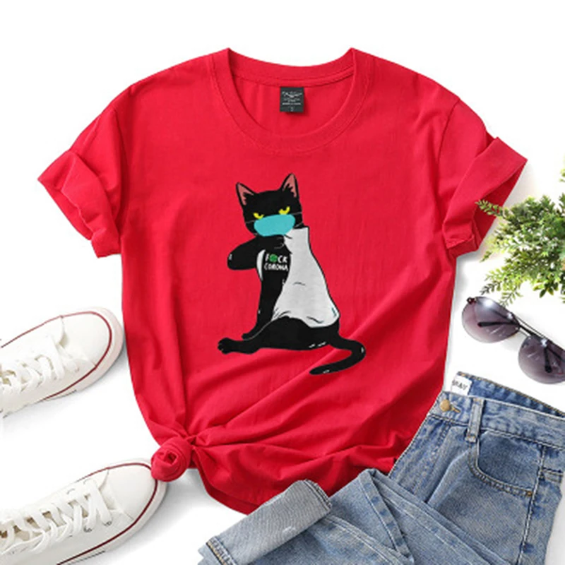 

Black Cat Tshirt Murderous Cat Mask Women Funny T Shirt Short Sleeve Halloween Tops Tees Femme Camisetas Verano Mujer 2020