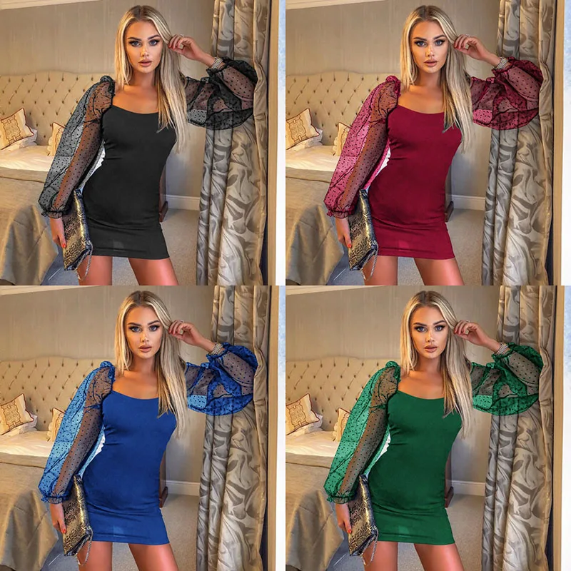 Платье с пышными рукавами женское платье квадратным вырезом в горошек Сетчатое