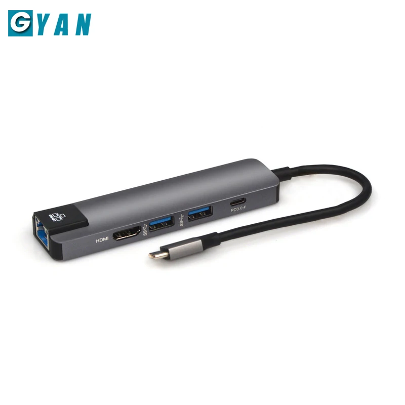 Grey 5 в 1 USB C концентратор Hdmi 4 к USB C концентратор для Gigabit Ethernet Rj45 Lan адаптер для Mac book Pro Thunderbolt 3 type c док-станция - Цвет: Grey