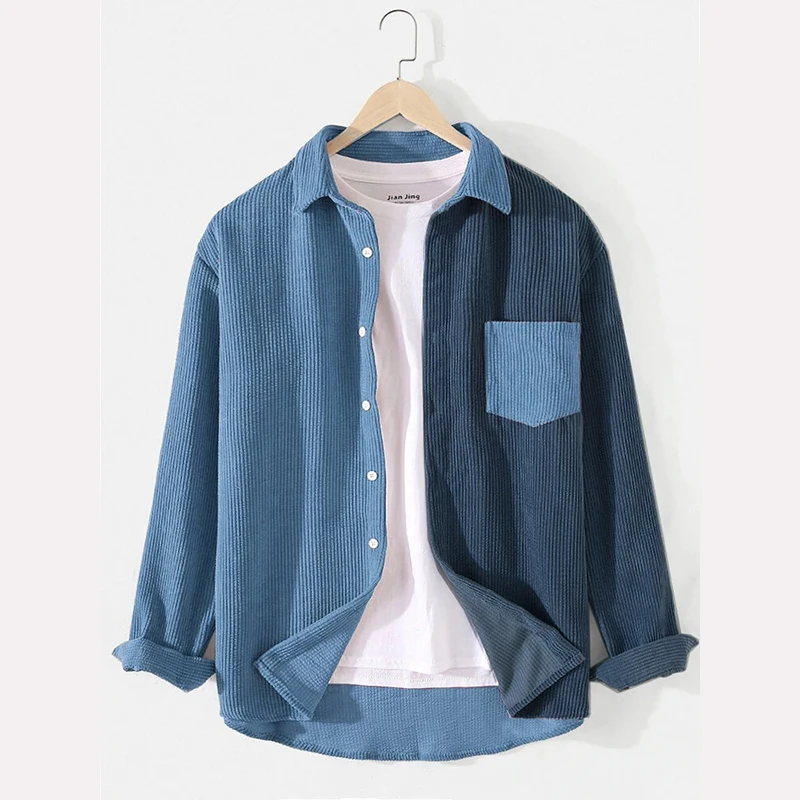 

Men's Patchwork Corduroy Long Sleeve Shirt Fall Fashion Casual Loose High Quality Japanese Contrast Color Lapel Shirt Top 2021