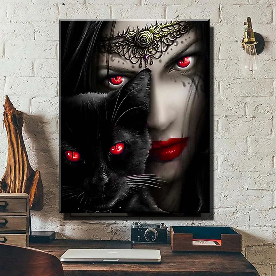 

Алмазная 5d живопись «сделай сам», черная, кошка, красный глаз, Женская мозаика, вышивка крестиком, алмазная вышивка, полная выкладка, квадрат...