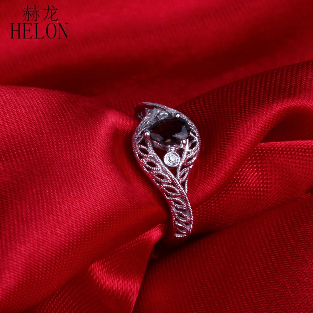 

HELON Solid 14K White Gold AU585 Flawless Pear Cut 4X5mm Smokey Quartz & Diamonds Engagement Ring Vintage Antique Fine Jewelry