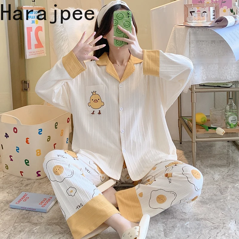

Harajpee Casual Pajama Girl Spring Autumn Cotton Long Sleeve Cute Chicken Printing Cardigan 2021 New Student Winter Home Suit