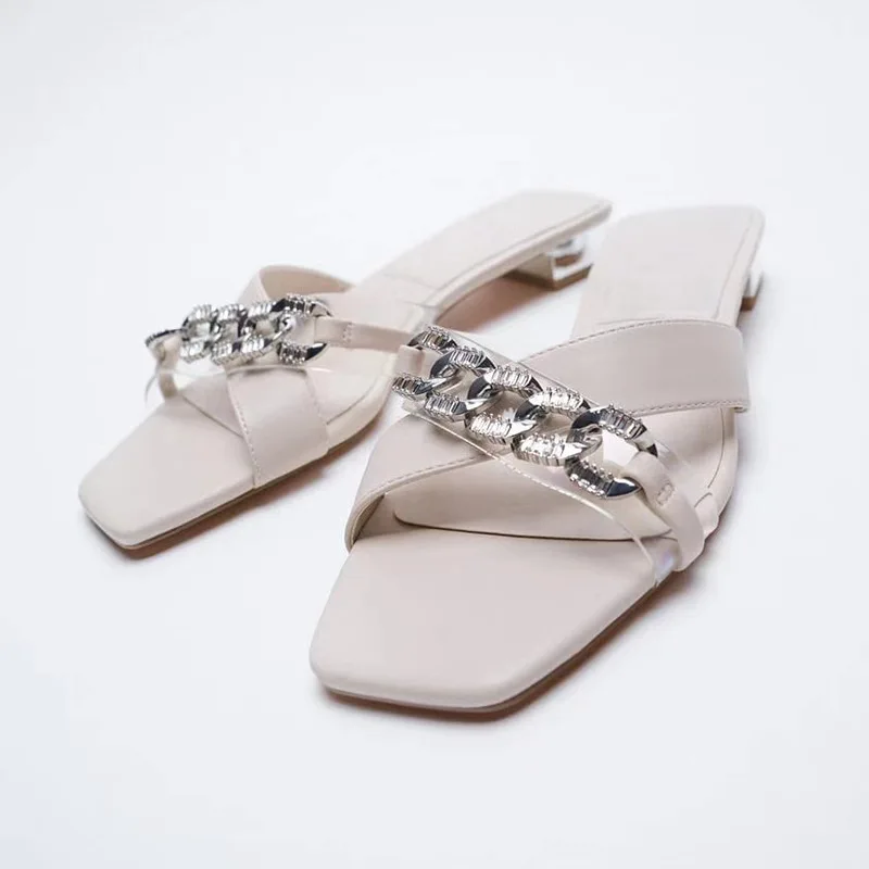 

Women's Slippers 2021 New Cross Strap Splicing Chain Square Head Low Heel Open Toe Outer Wear Slippers