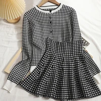 single breasted round collar checked sweater cardigan coat pleated bitter fleabane skirts two piece women