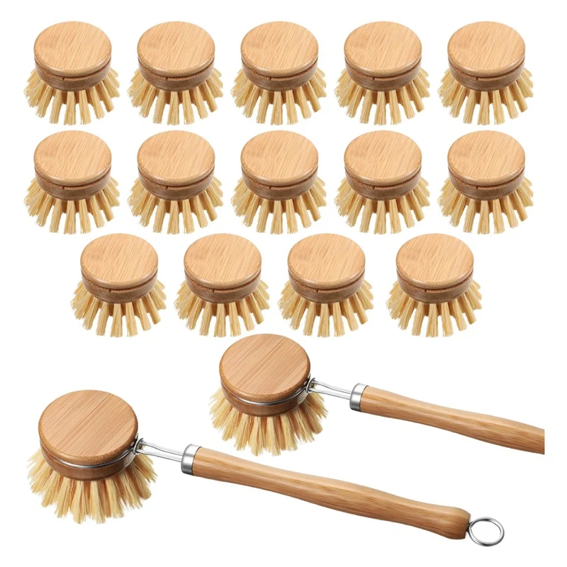 

Bamboo Kitchen Dish Brush Include(2 Pcs)Scrub Cleaning Brush And(14 Pcs)Replacement Brush Heads,Cleaning Supplies