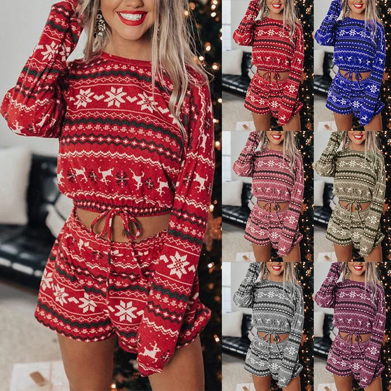 

2021 Popular Ethnic Style Printed Long-sleeved Pajamas 5-Color Round Neck Cotton Casual Home Suit Pajamas Women