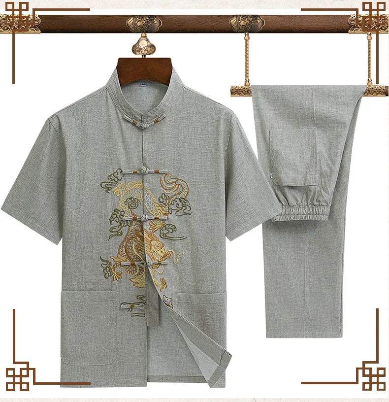 

2021 Summer New Chinese Style Tang Suit Short Sleeve Men Casual Shirt And Pant Oversize Gray Mandarin Collar Kong Fu Set