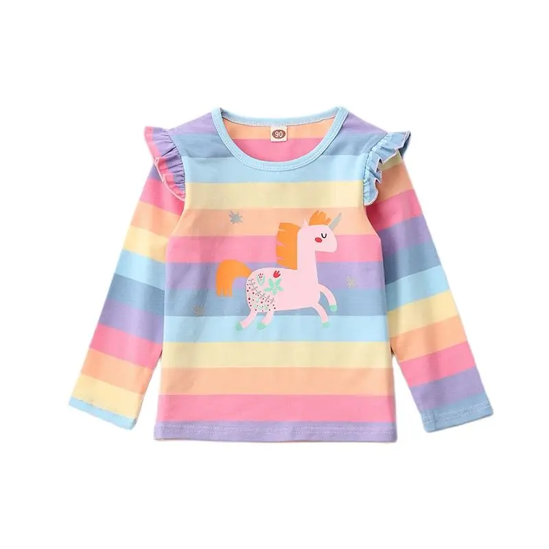 

Детская футболка с длинным рукавом, на весну и осень, новая Радужная детская одежда для маленьких девочек, чистый хлопок P4272