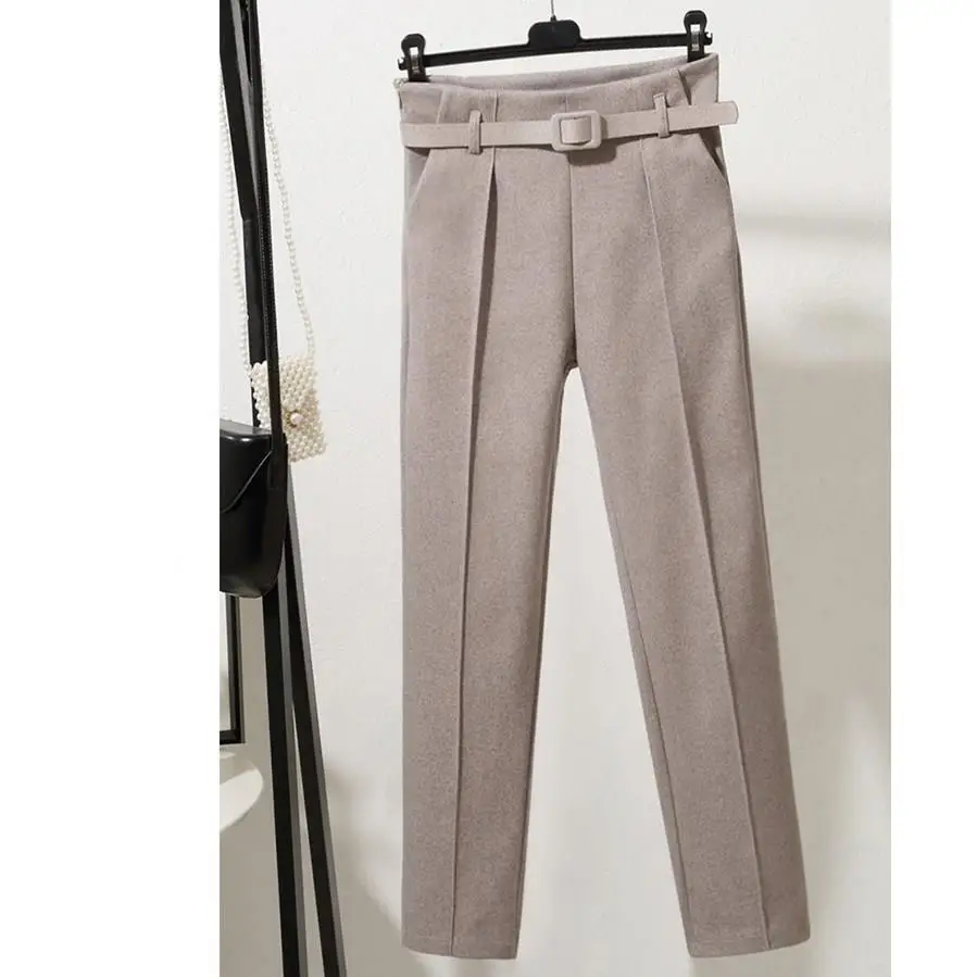 Женские зимние шерстяные штаны однотонные с поясом Higt талия шаровары корейский