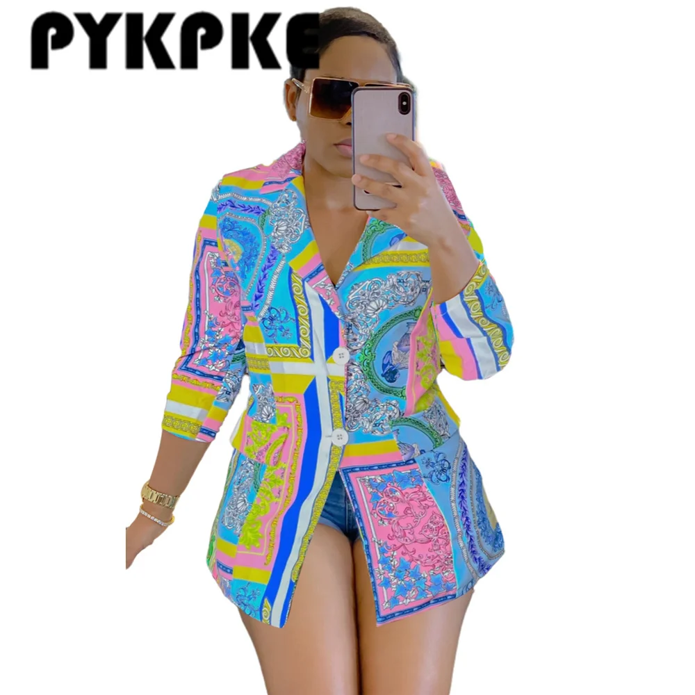 

Women Bandana Print Long Sleeves Suit Jacket Elegant Spring Office Lady Slim Coat Casual Streetwear