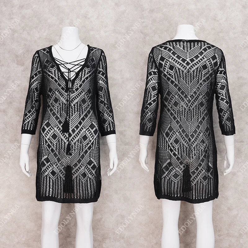 

White Lace Knitted Crochet Bikini Cover Up Women Beach Dress Tunic Long Pareos Cover-ups Swimsuit Robe Plage fast delivery