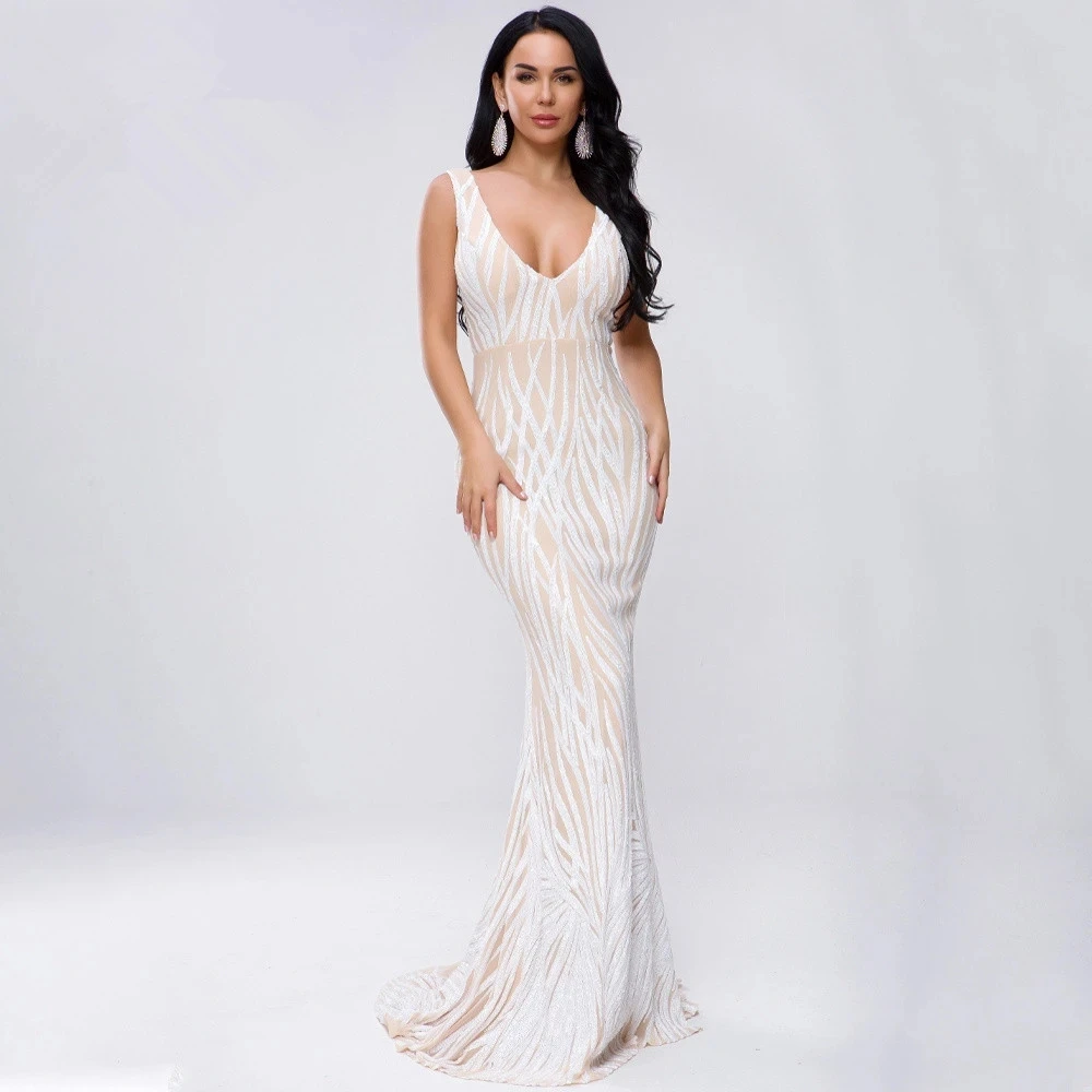 

Gold Mermaid Sequin Long Evening Dress V Neck Floor Length Plus Size Prom Party Gowns New Arabic Women Dresses Customize