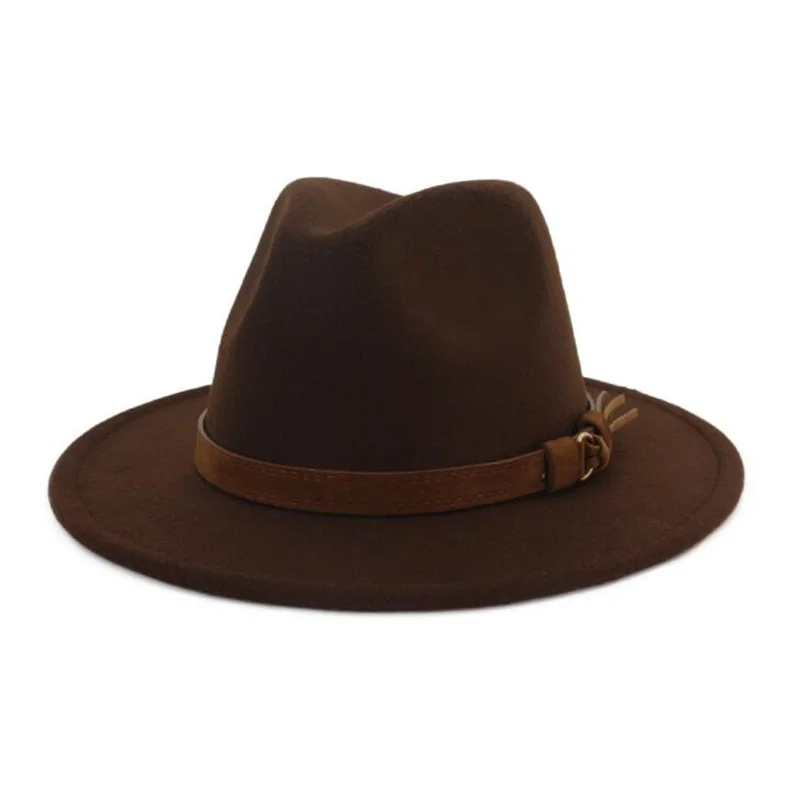 Шерстяная шляпа Fedora для женщин и мужчин, джаз, церковь, Панама, шляпа с кожаная лента, Элегантная Леди, зима, осень, широкие шляпы сомбреро - Цвет: brown