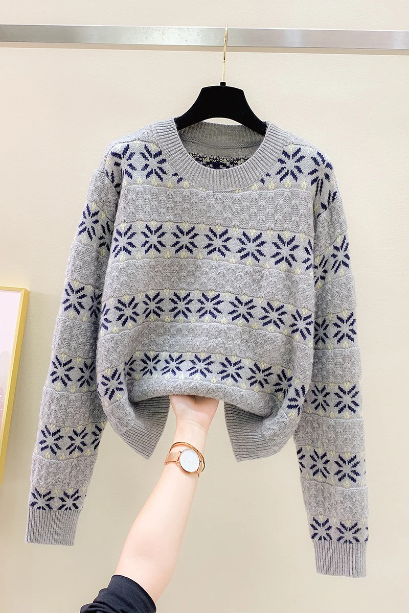 

Women Clothing 2020 Winter Round Neck Splicing Printed Snowflake Pattern Knitwear Pullover Long Sleeve Sweater Tops Pull Femme