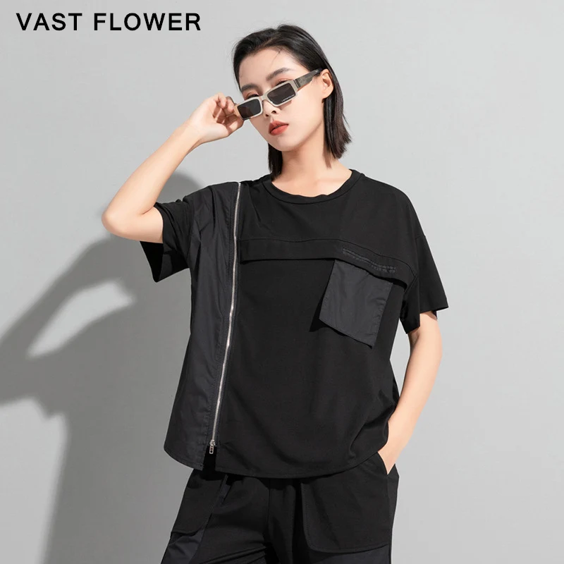 

Женская черная футболка на молнии с карманами, новая свободная повседневная футболка с круглым вырезом и коротким рукавом, топы, модная одежда, лето 2023