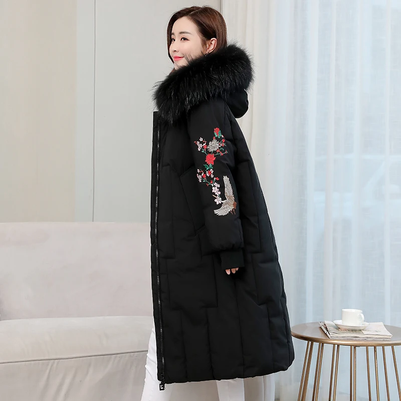 

Plus Size Long Parka 2020 Winter Women Coat Hooded Oversize Embroidery Loose Long Thicken Warm Down Cotton Jacket Fur Collar