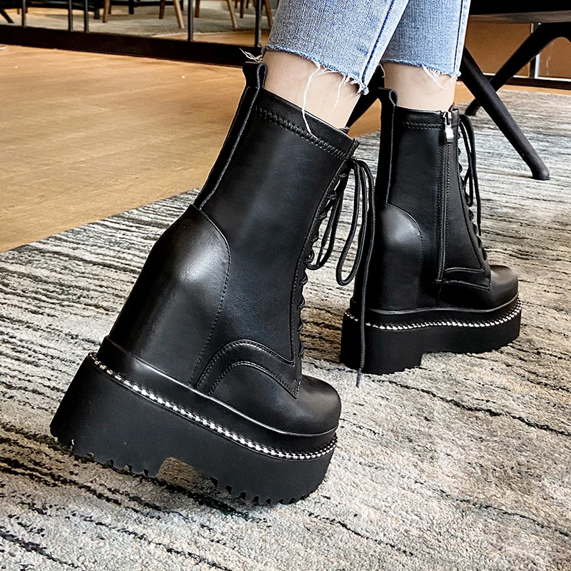 Online Ukuran 34-41 Seksi Tali Wanita Kulit Musim Gugur Boots Tumit Hitam Gothic Punk Gaya Wedges Sepatu Wanita Alas Kaki Tinggi Qua