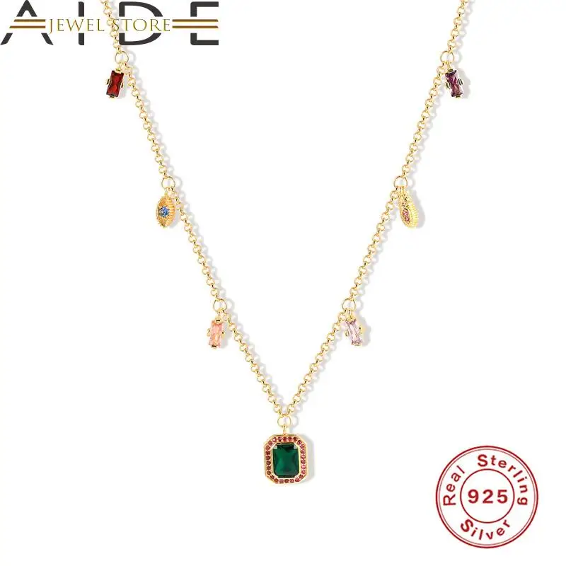 

Aide 925 Sterling Silver Multilayer Necklace Rainbow Zircon Pendant Necklace For Women Jewerly Collar Plata de ley 925 mujer