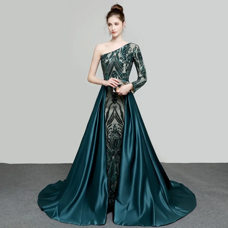 

Slash Neck Anniversary Dinner Formal Model Celebrity Banquet Ceremony Lace Prom Dresses Queen Princess Evening Gown Party