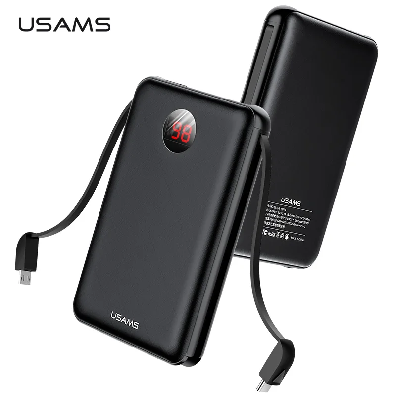 USAMS Mini Power Bank 10000 мАч светодиодный дисплей 2.1A Быстрая зарядка Powerbank с USB кабелем