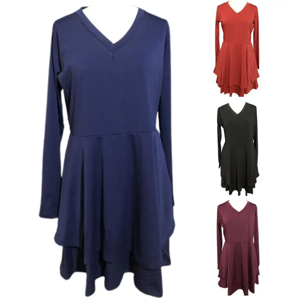 

New Arrival!!! Mini Dress Solid Color Long Sleeve Women Double Ruffle A Line Dress for Party