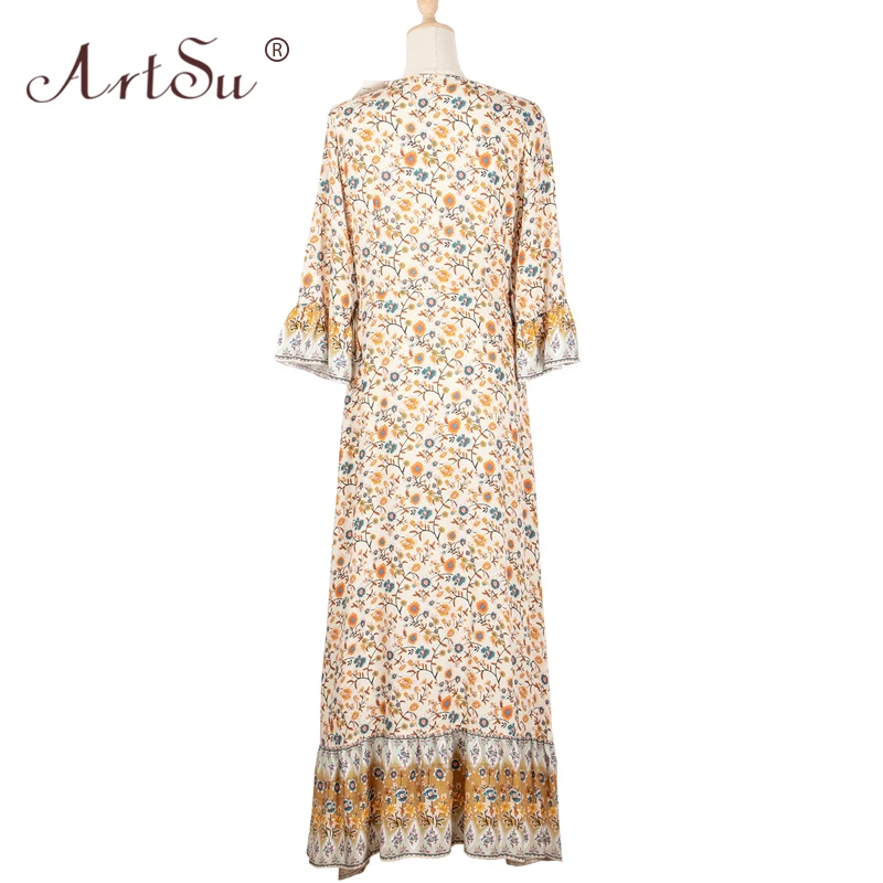 

ArtSu Casual Floral Printed Spring Women Maxi Dress V-Neck Lace Up Beach Vestidos Fashion Loose Button A-Line Summer Dress