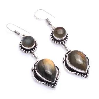 

Genuine Labradorite Silver Overlay on Copper Earrings ,Hand made Women Jewelry Gift , 60 mm, E5615