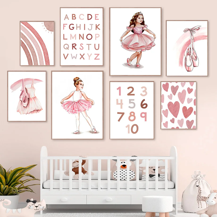 

Pink Ballet Girl Rainbow Alphabet Numbers Wall Art Canvas Painting Nordic Posters And Prints Wall Pictures Baby Kids Room Decor