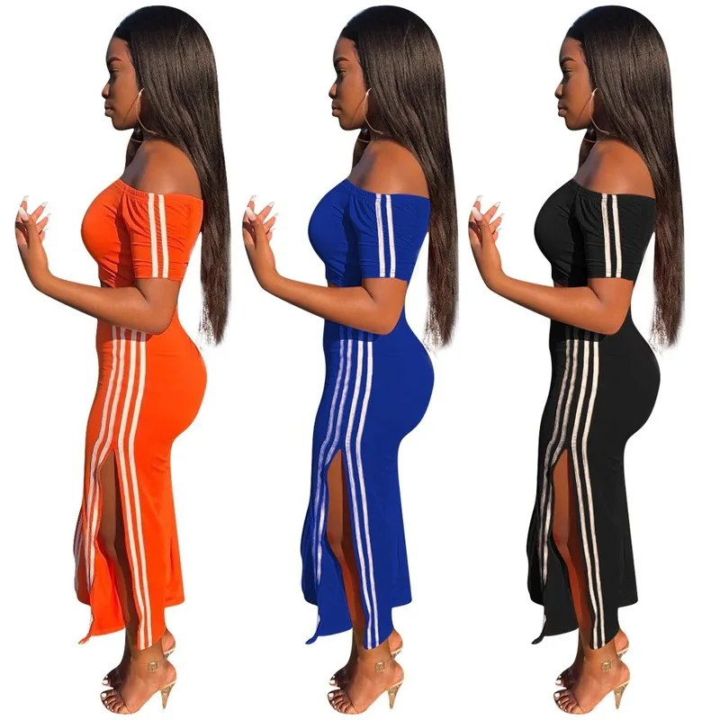 

Women's Solid Color Stitching Striped Off-Shoulder Two Pieces 2 Piece Outfits for Women Pants and Top