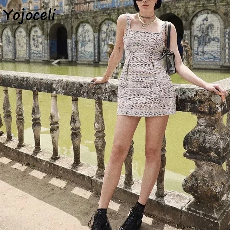 Yojoceli 2019 осенне зимнее яркое твидовое Платье женское облегающее клетчатое мини