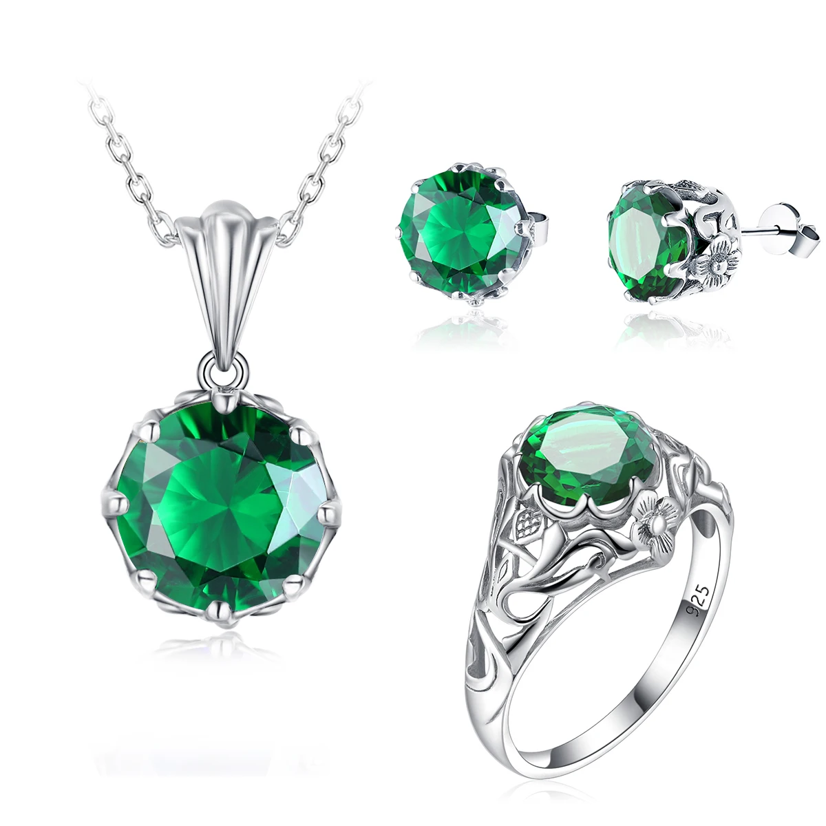

Created Emerald Ring Pendant Hoop Earrings Wedding Jewelry Sets 925 Sterling Silver Jewelry Gemstone Fine Jewelry For Women
