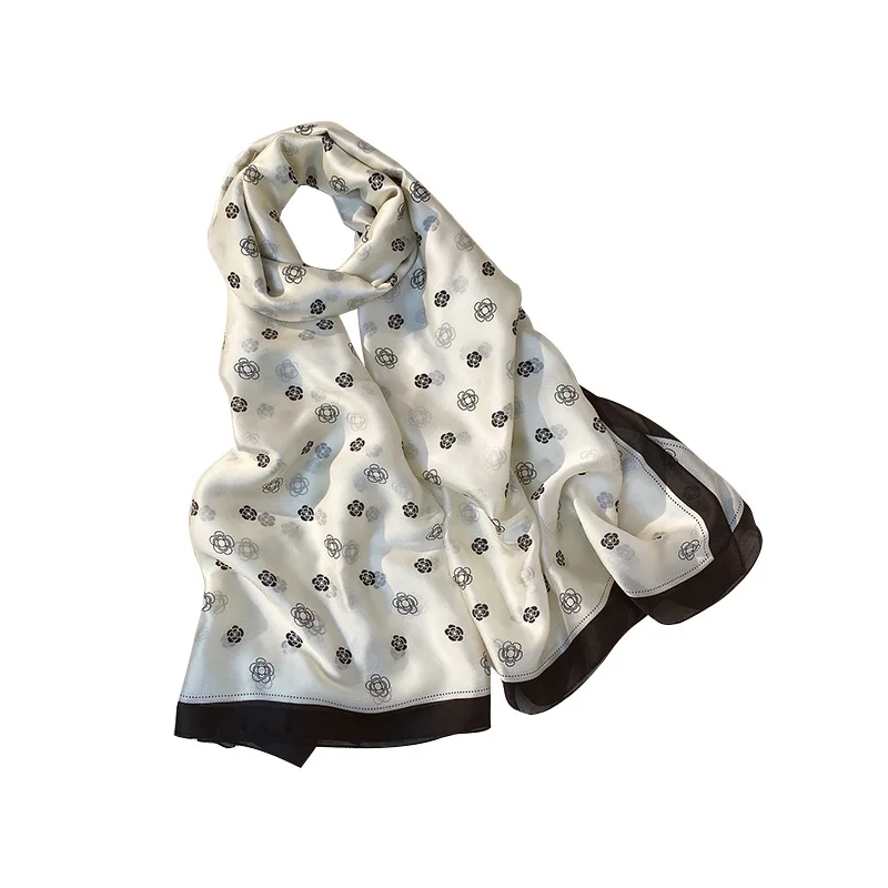 

New Camellia silk scarf in spring and summer 2020. Satin in the rectangle scarf, imitation silk sun shawl.Fashionable atmosphere