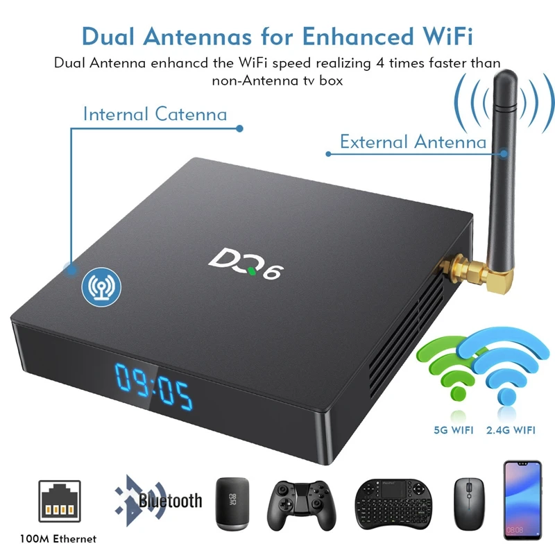 

DQ6 Set Top Box RK3318 Dual WIFI Bluetooth Network Set Top Box Android 10.0 - 4G+64G for School Home US Plug