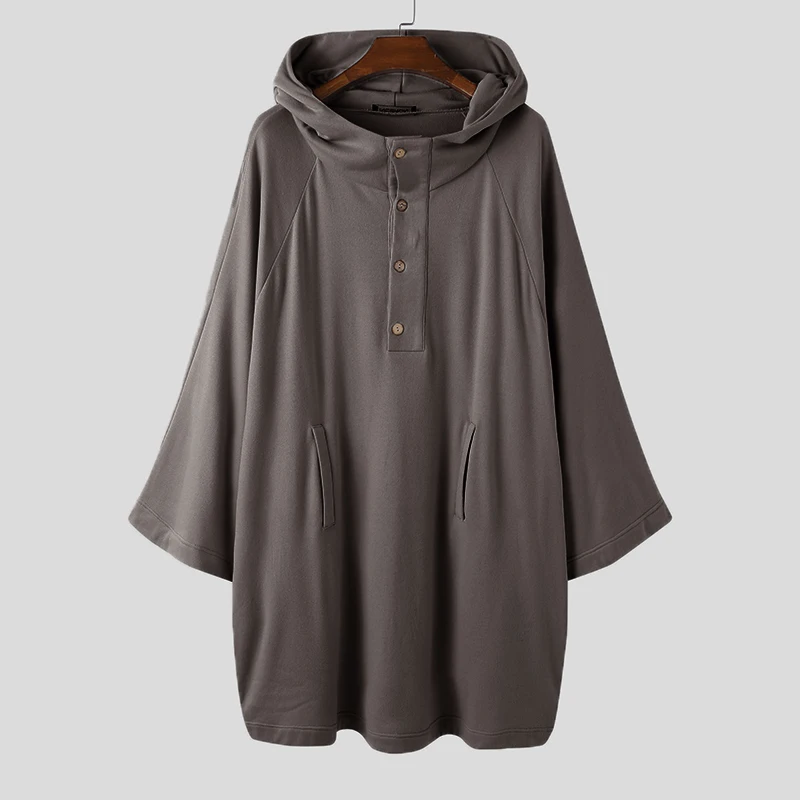 

Fashion Men Hoodies Solid Color Loose Hooded Cloak Cape Button Streetwear Oversize Autumn Pockets Casual Sweatshirts Men INCERUN