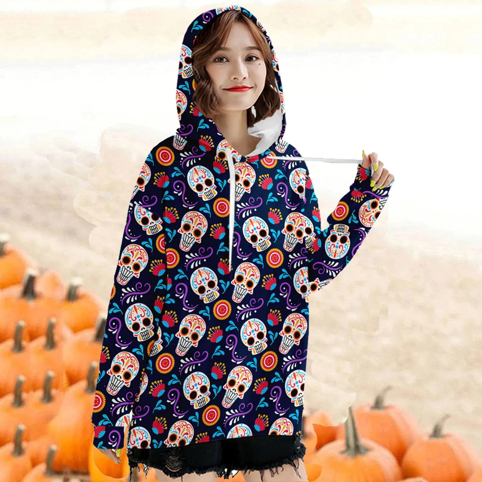 

Hoodie Women's Skull Face Sweatshirts Halloween Pullovers Tops Hooded Pumpkin Ghost Bat Print Long Sleeve Drawstring Top Moletom